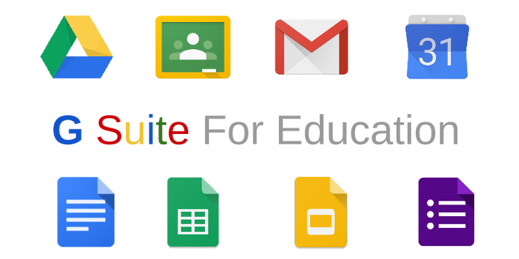 Icons representing Google apps used in education, including Drive, Classroom, Gmail, Calendar, Docs, Sheets, Slides, and Forms under the title "G Suite for Education".