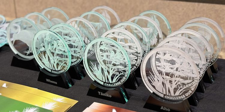 Close-up of engraved glass awards labelled with names like "Whenu," "Tāniko," and "Aho" displayed on a table.