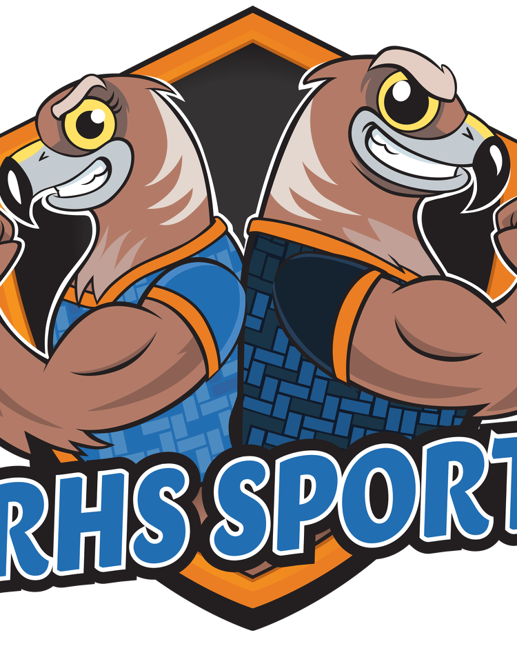 Cartoon-style mascot logo for RHS Sport showing two muscular hawks in blue and black kits with bold expressions.