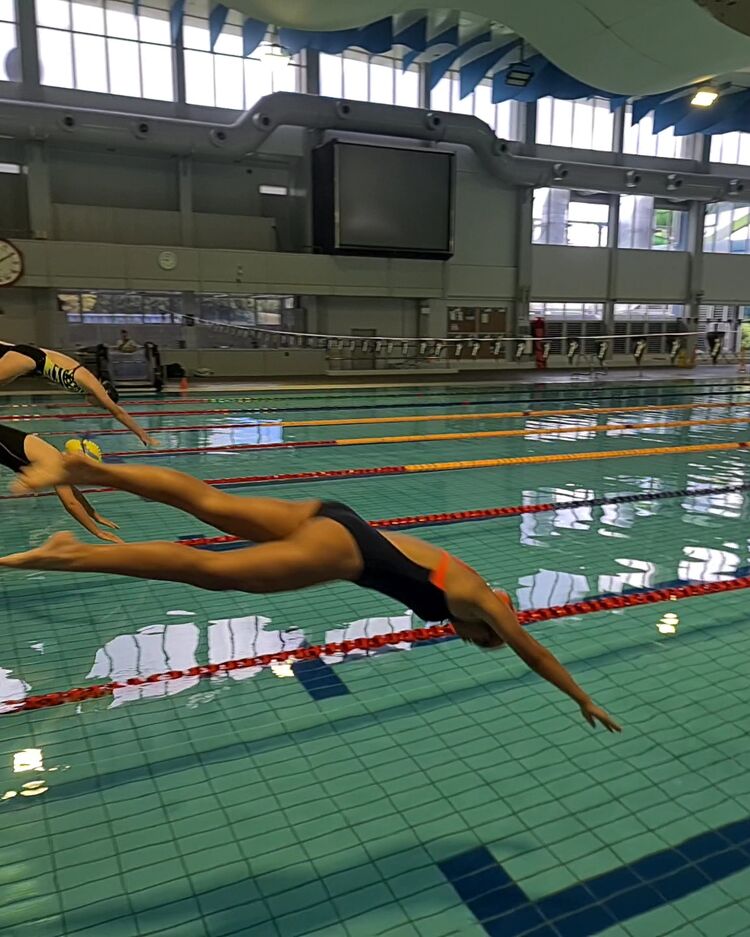 A swimmer diving into an indoor pool at the start of a race, captured in motion.