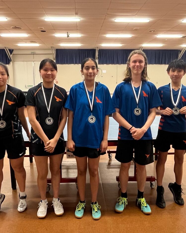Mixed table tennis team in sports uniforms standing in a row inside a gym, wearing medals.
