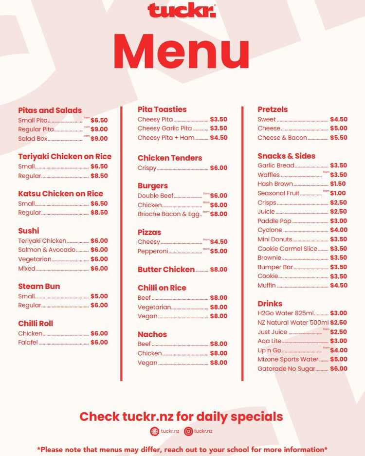 Printed tuck shop menu from "tuckr." showing food and drink options available at Rototuna High School.